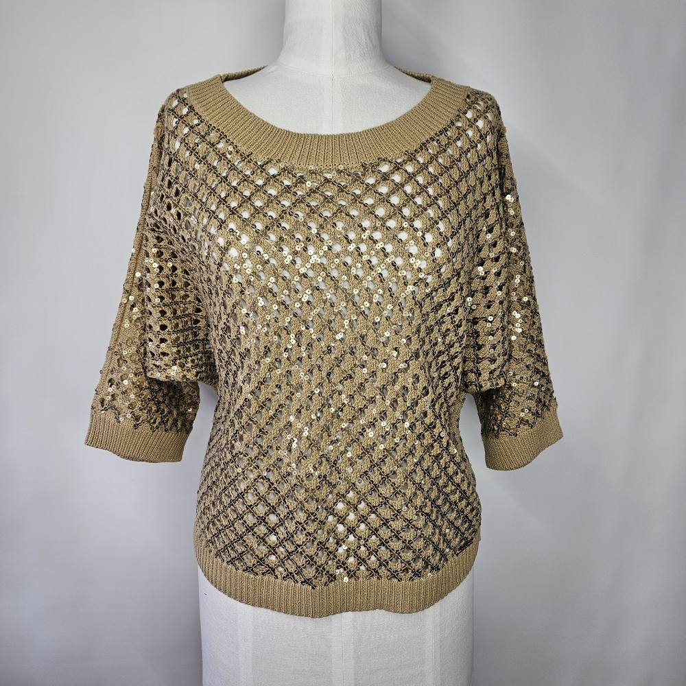 Michael Kors Size L NEW Sweater Cotton Gold Open Knit Sequin Boat Neck Batwing